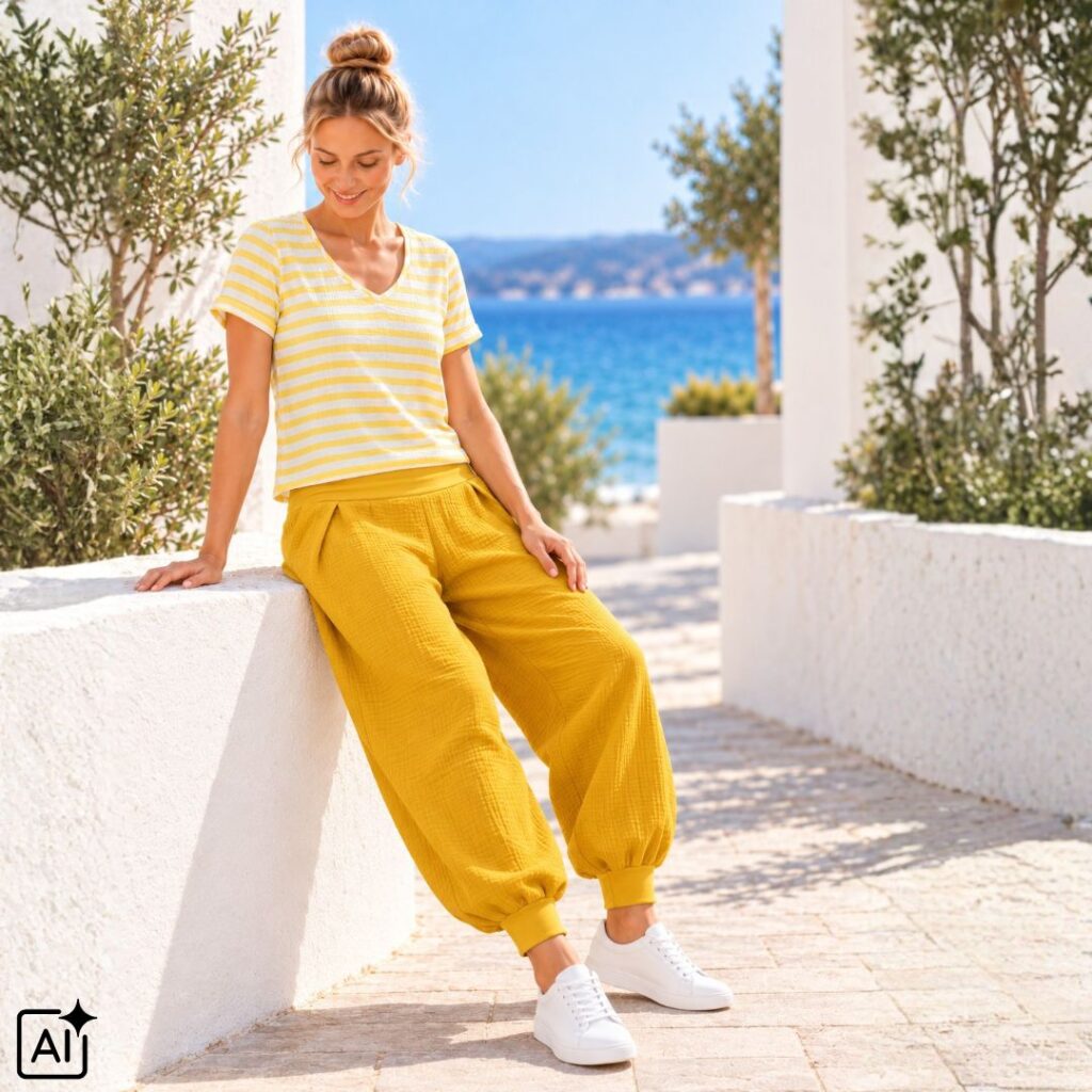 Senfgelbe Haremshose PIPPA aus Musselin in entspannter Sitzpose mit gestreiftem Shirt.