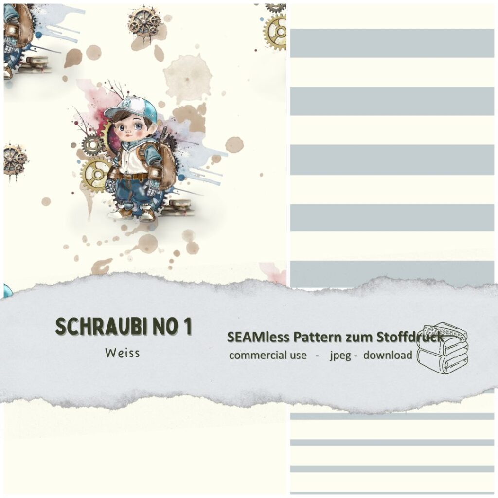 Stoffdesign Roboter Schraubi No 1 weiss - digitaler Stoffdruck