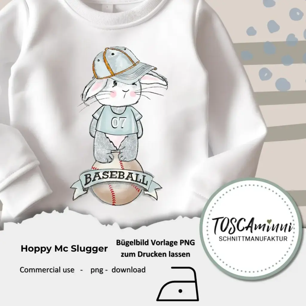 Bügelbild Hase spielt Baseball - zum selber Drucken