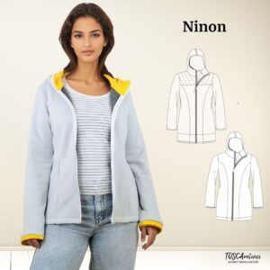 Schnittmuster Sweatjacke Ninon – Damen Kapuzenjacke mit teilbarem Reißverschluss, abgesetztem gelbem Futter in Kapuze und Ärmel, zwei Varianten mit oder ohne Passe. Designer: TOSCAminni-Schnittmanufaktur