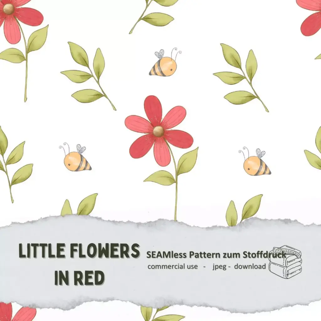 Stoffdesign: Rote Blumen mit Bienen | Digitaler Stoffdruck