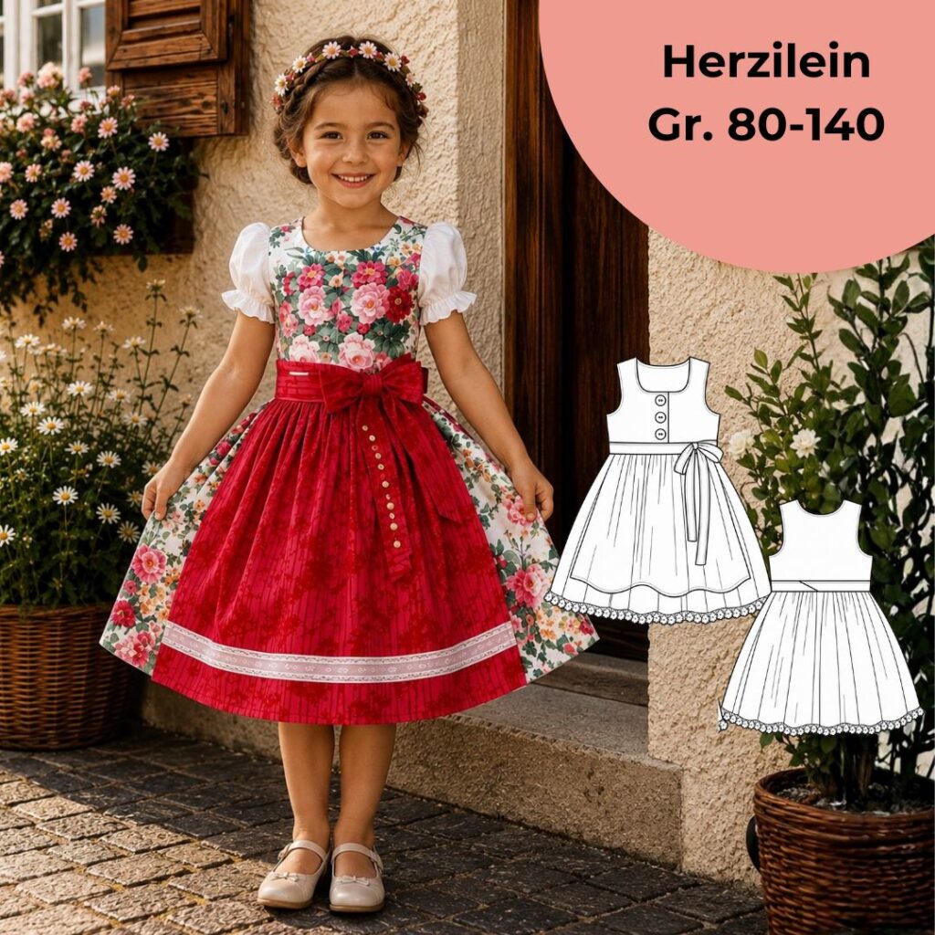Kinderdirndl nähen für Anfänger mit dem Schnittmuster Herzilein von TOSCAminni, Größe 80–140.