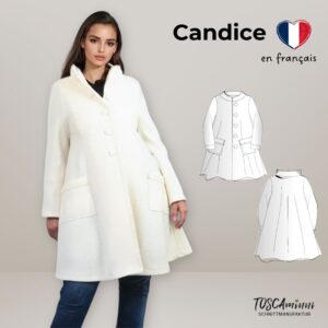 Manteau femme en laine bouillie blanche, coupe A-ligne ample et évasée, non doublé, avec col montant, boutons et poches plaquées — patron de couture manteau femme facile pour débutants, style vintage | TOSCAminni