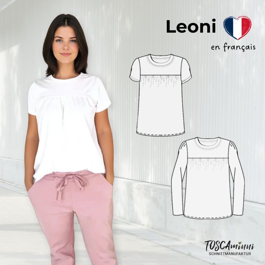 Patron couture tee shirt Leoni t. 34-54 pour femme avec fronces