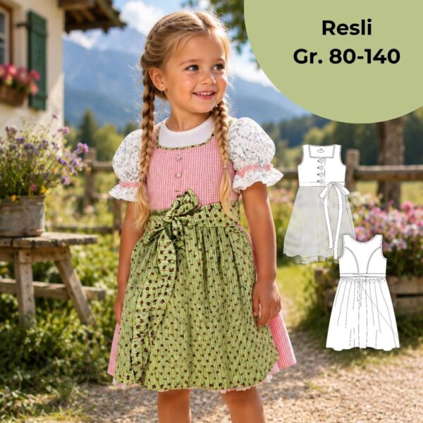 Schnittmuster Kinderdirndl mit Wiener Naht Resli in Gr. 80-140 – genähtes Dirndlkleid mit technischer Zeichnung und weißer Bluse