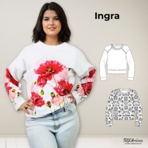 Schnittmuster Raglanshirt INGRA – Oversize Raglanshirt nähen aus Sweatstoff mit sportlichen Details und optionalem Mohnblumen-Print. Designer: TOSCAminni-Schnittmanufaktur