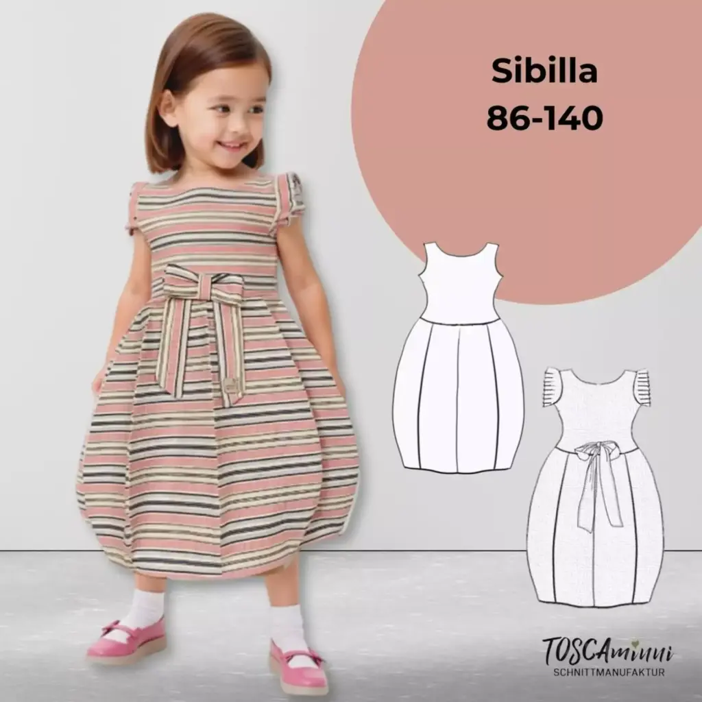 Schnittmuster Kinder Ballonkleid Sibilla von TOSCAminni-Schnittmanufaktur: Foto eines Mädchens in einem rosafarbenen Kinderkleid mit Ballonrock und Rüschenärmel mit Nahaufnahmen der Details und einer technischen Zeichnung Schnittmusters