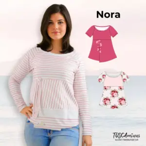 Schnittmuster Damen Raglanshirt Nora – genähtes Beispiel mit Streifen sowie Varianten mit Passe, Wickeloptik und Stoffmix. Designer: TOSCAminni-Schnittmanufaktur