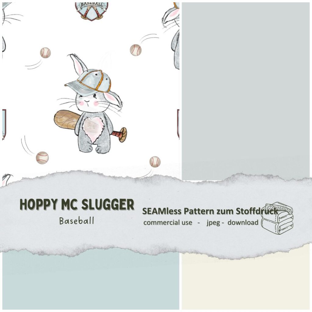 Stoffdesign Hase spielt Baseball 2 - digitaler Stoffdruck