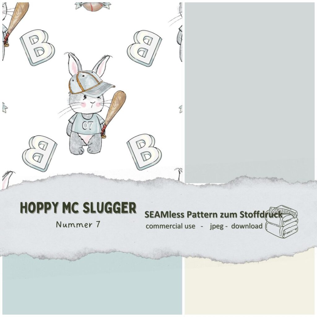 Stoffdesign Hase spielt Baseball 1 - digitaler Stoffdruck