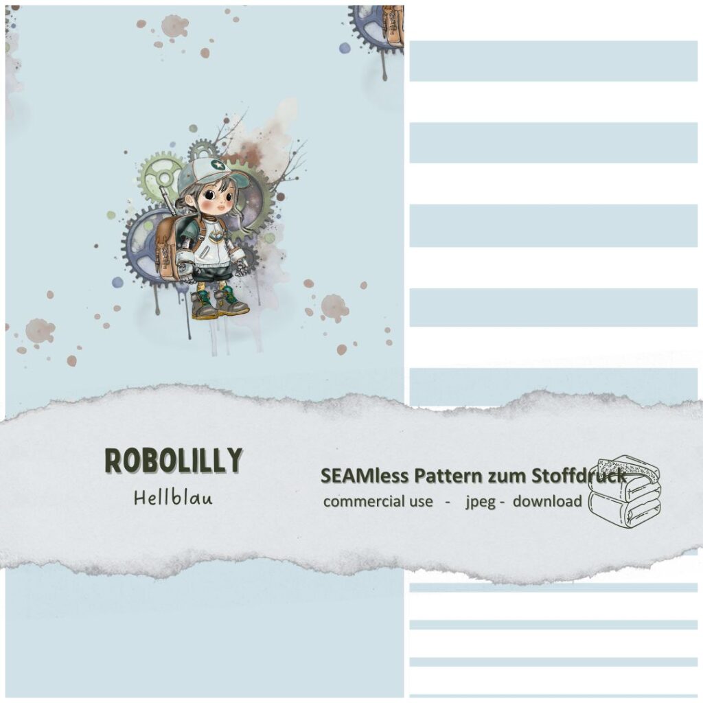Seamless pattern Robotermädchen Robolilly - hellblau