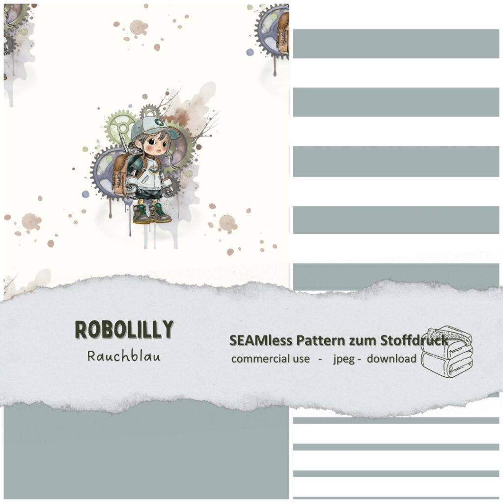 Stoffdesign Roboter Robolilly - rauchblau zum Stoffdruck