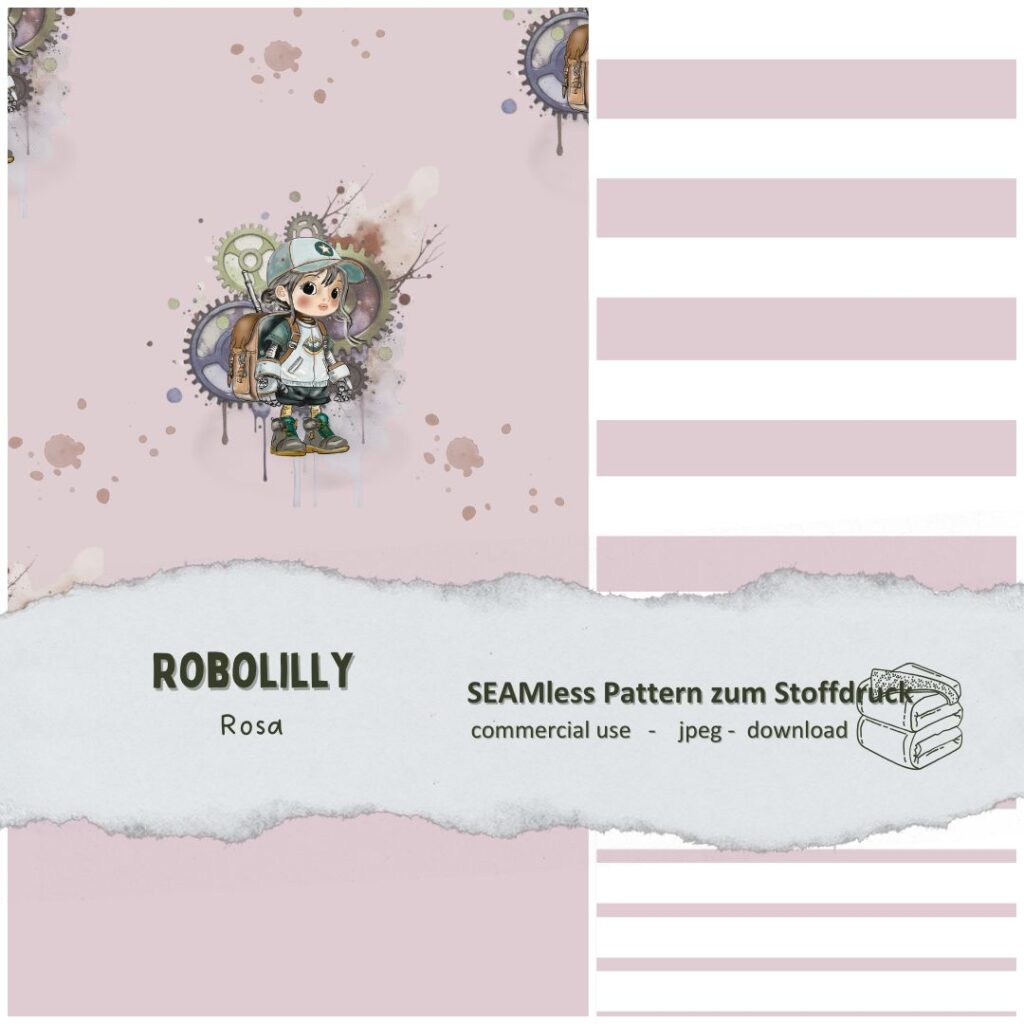 Digitales Stoffdesign Robotermädchen Robolilly - rosa