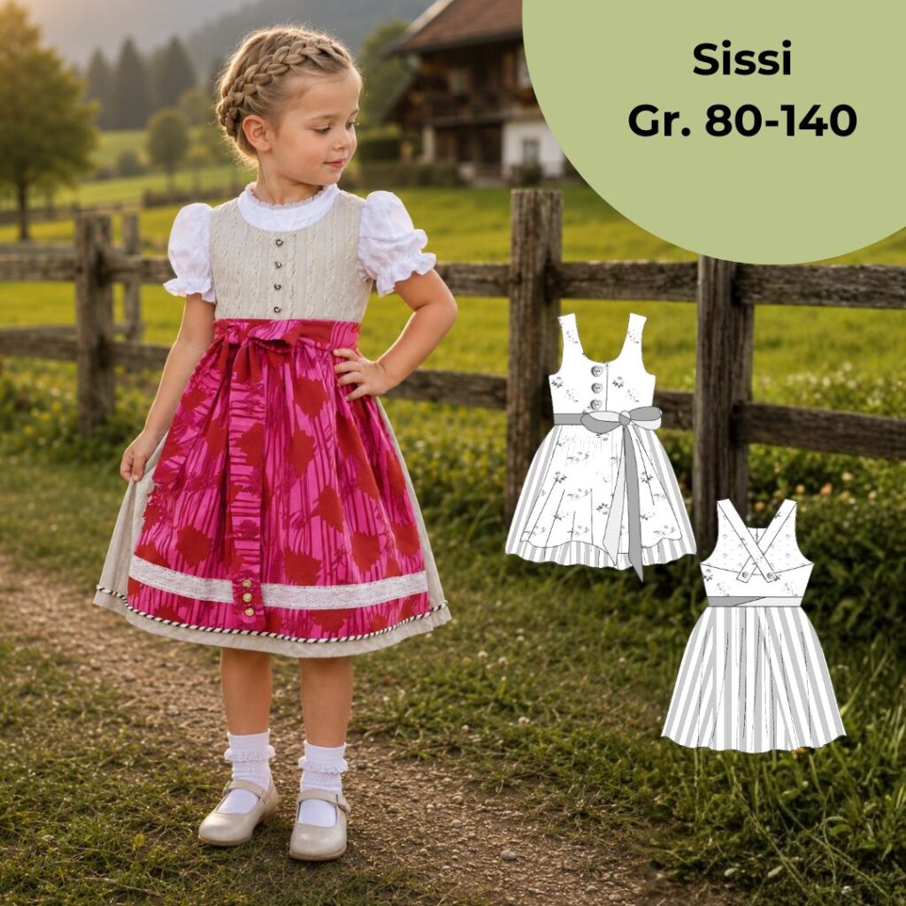 Mädchen im Kinderdirndl mit Trägern Sissi, weißem Oberteil und pinkfarbener Schürze nach einem Schnittmuster von TOSCAminni