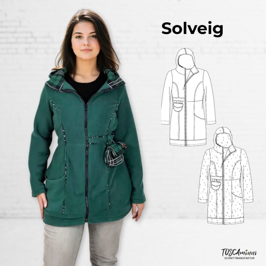 Schnittmuster Fleecejacke Solveig – sportlich-elegante Damenjacke mit Kapuze, Teilungsnähten und optionalen Paspeln. Designer: TOSCAminni-Schnittmanufaktur