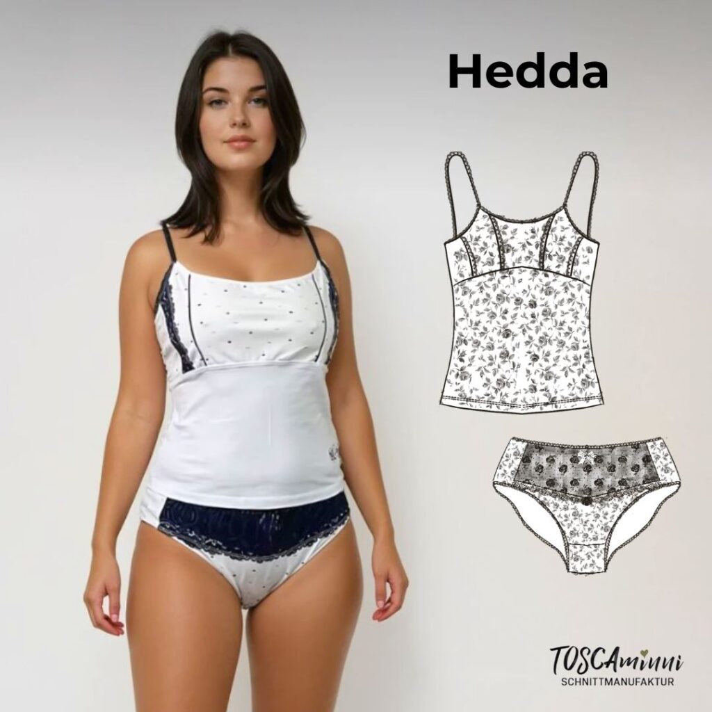 Schnittmuster Cover mit frontaler Ansicht einer Frau, die das fertige Set aus dem Schnittmuster Unterwäsche Damen präsentiert.