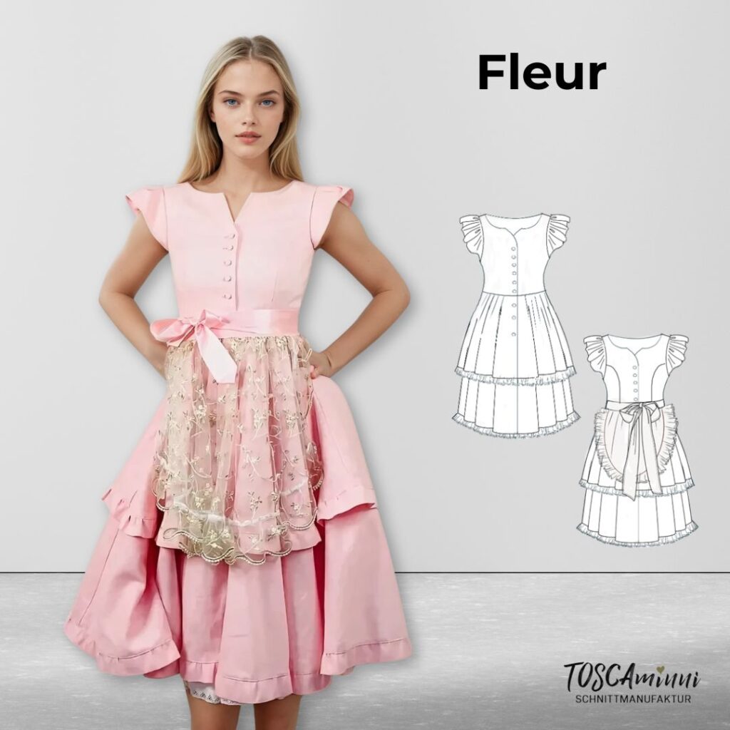 Ein Schnittmuster Dirndl mit Flügelärmeln und Knopfleiste, das aus Trachtenstoffen, Leinen, Samt oder Baumwolle genäht werden kann. Es verfügt über einen doppelten Rüschenrock und eine optionale Schürze. Das Kleid ist ideal, wenn Sie Ihr Dirndl selber nähen möchten – perfekt für Anlässe wie das Oktoberfest oder Cosplay-Events.