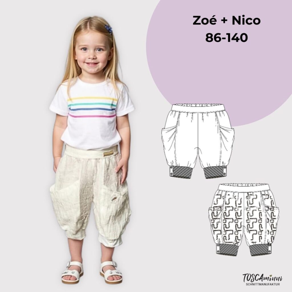 Schnittmuster Kinderhose Zoè + Nico Größen 86-140 für Nähanfänger