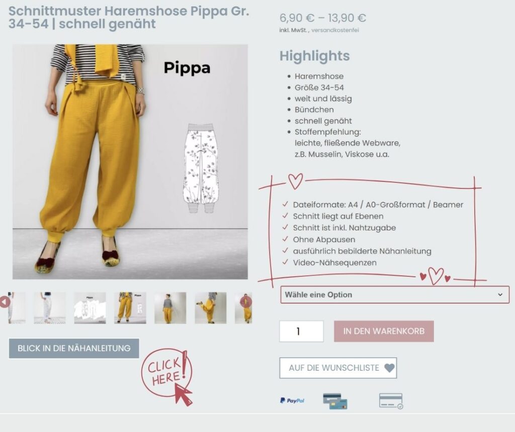 FAQ der TOSCAminni-Schnittmanufaktur Screenshot der TOSCAminni-Produktseite „Schnittmuster Haremshose Pippa“: markierter Infobereich mit Highlights/Technik-Standard (A4/A0/Beamer, Ebenen, Nahtzugabe, ohne Abpausen) und Button „Blick in die Nähanleitung“
