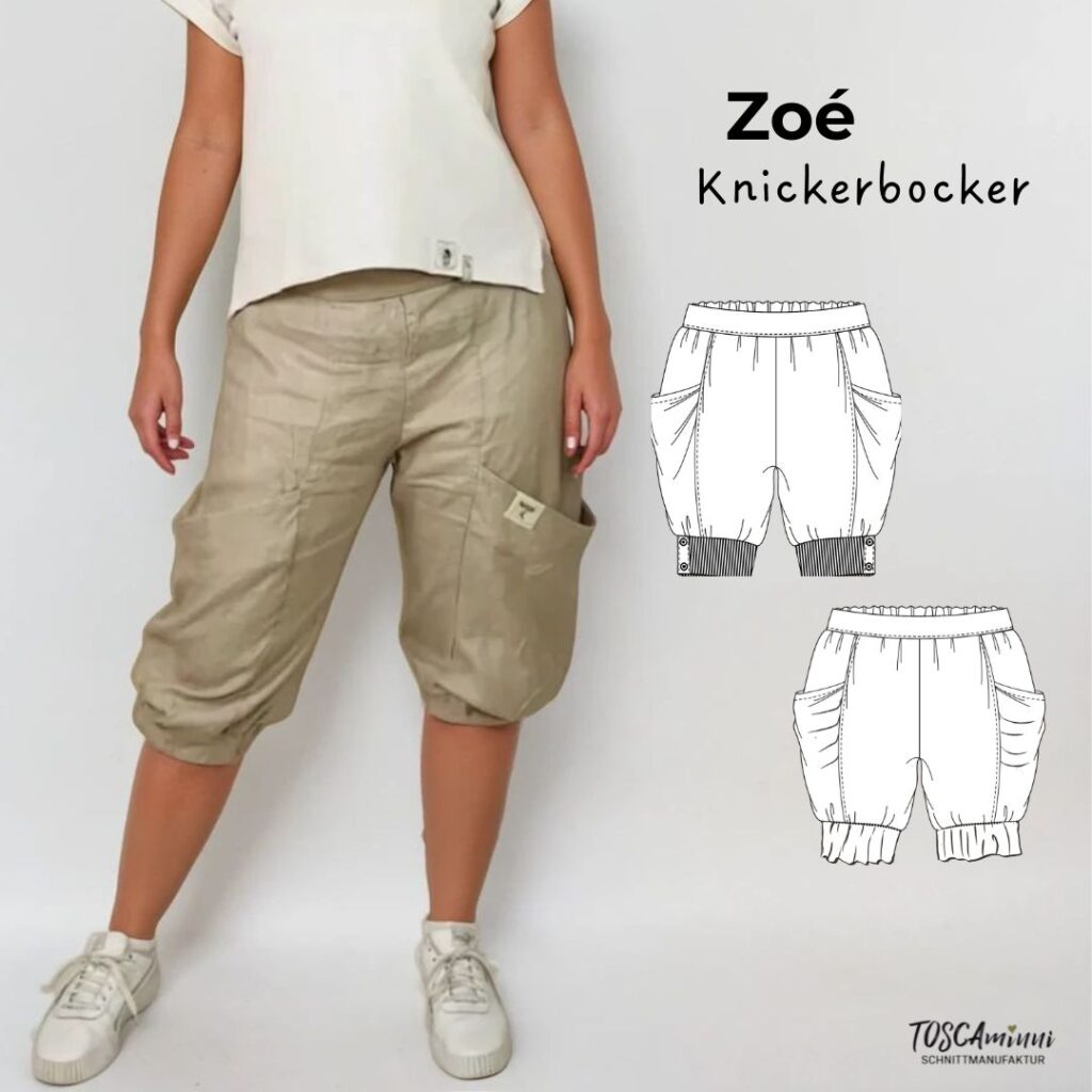 Schnittmuster Knickerbocker Hose Zoé – kurze Damenhose mit Taschen und Gummibund zum Nähen, bequeme knielange Hose von TOSCAminni