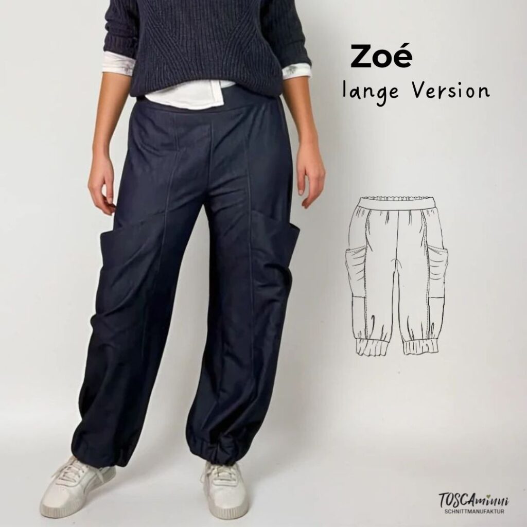 Schnittmuster lange Damenhose Zoé – lässige lange Hose mit Seitentaschen und Bündchen, Größen 34–54, von TOSCAminni-Schnittmanufakur