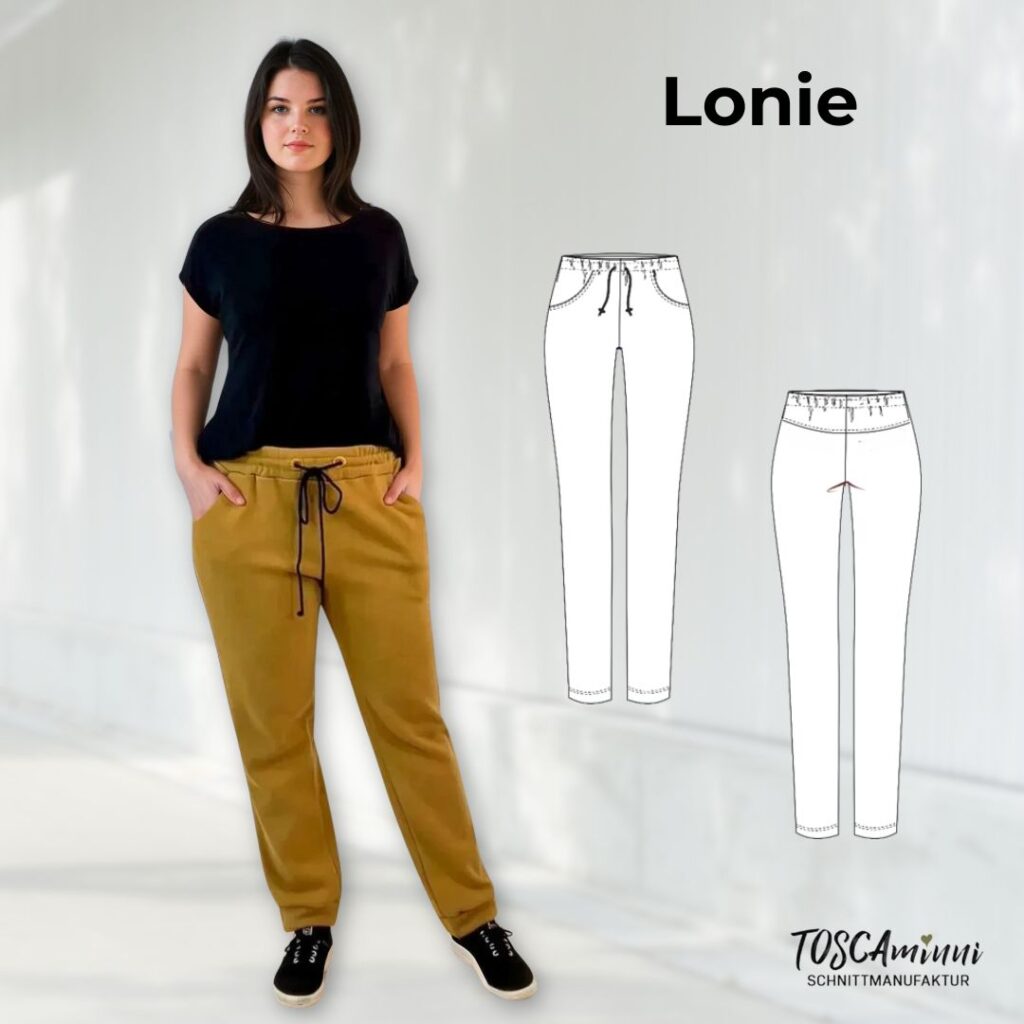 Schnittmuster Jogginghose Damen von TOSCAminni – bequeme Damenhose mit Gummibund, Bindeband und sportlichem Seitenstreifen.