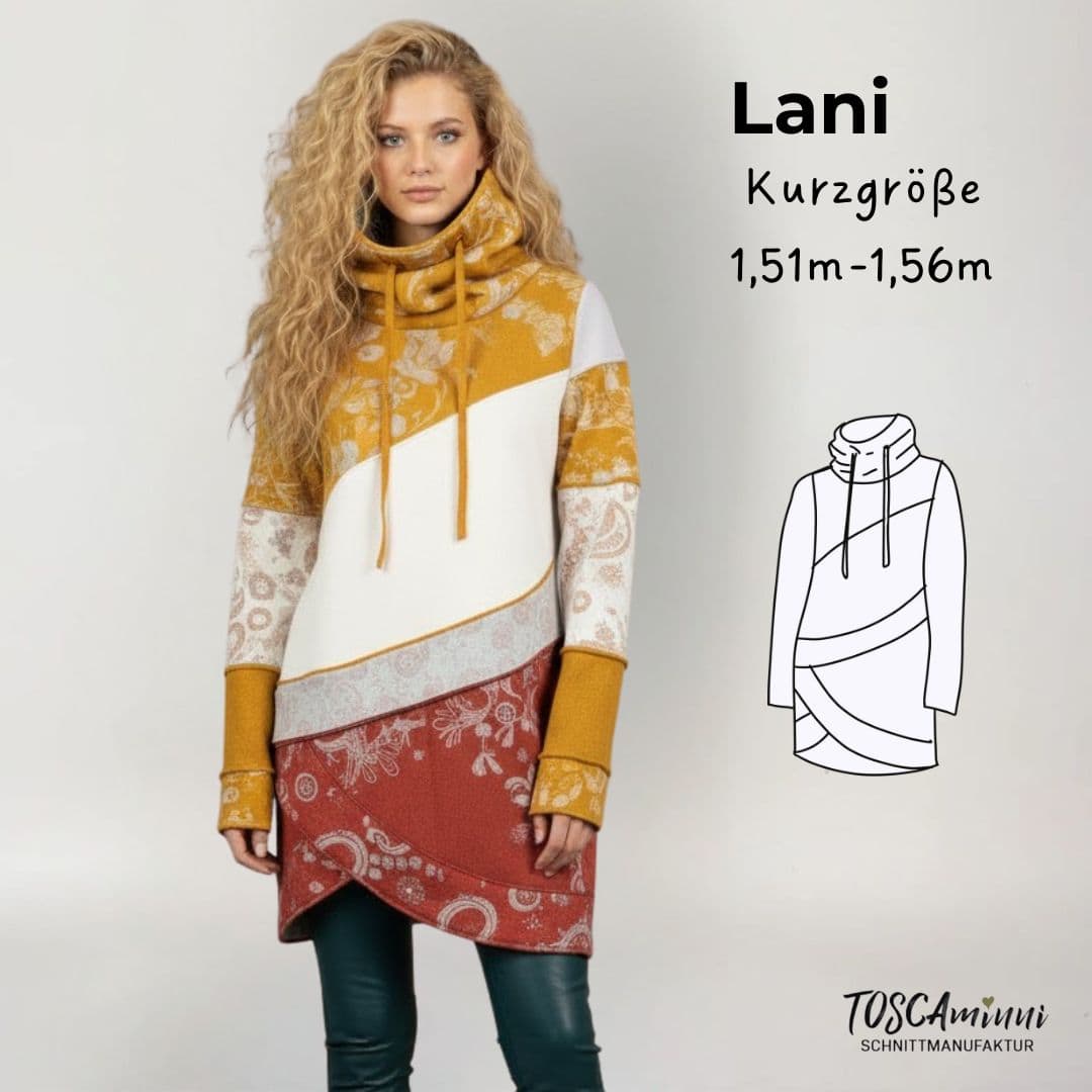 Schnittmuster Sweatshirt Lani in Kurzgröße für Damen, Modellfoto mit asymmetrischem Colorblocking und Kapuze, geeignet für Körpergröße 1,51–1,56 m | TOSCAminni