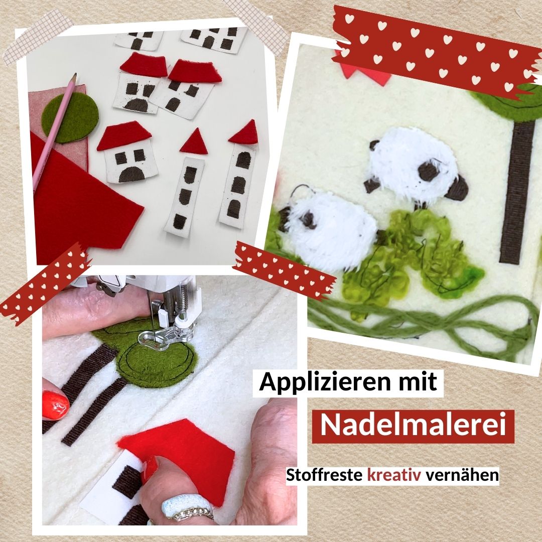 Applizieren mit Stoffretsen 01 | TOSCAminni Applizieren mit Stoffresten – fertige Haus- und Landschafts-Applikation auf Kinderkleidung aus Walkstoff | TOSCAminni