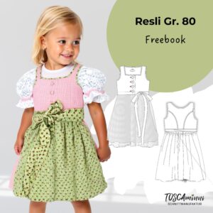 Schnittmuster Dirndl kostenlos für Kinder: Modell Resli in Größe 80. Das Bild zeigt das fertige Dirndl mit Schürze sowie eine technische Zeichnung der Vorder- und Rückansicht. Ideal als Freebie für Nähanfänger.
