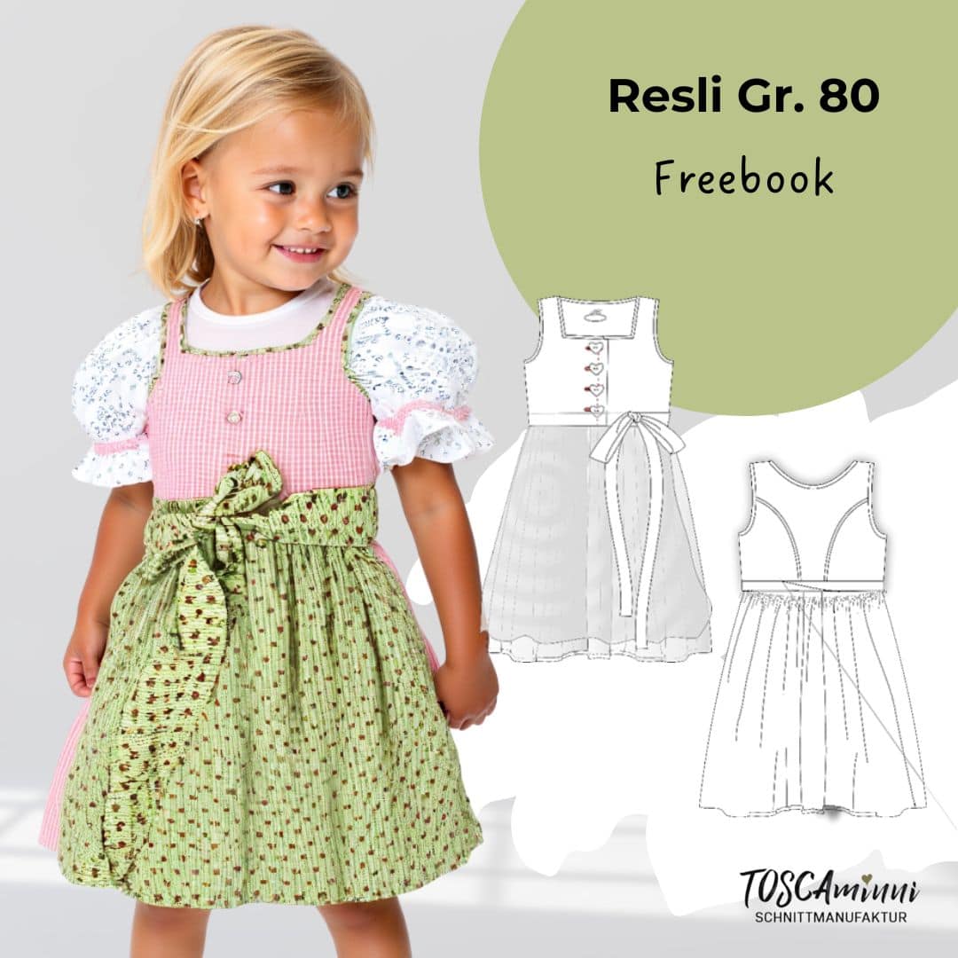 Schnittmuster Dirndl kostenlos für Kinder: Modell Resli in Größe 80. Das Bild zeigt das fertige Dirndl mit Schürze sowie eine technische Zeichnung der Vorder- und Rückansicht. Ideal als Freebie für Nähanfänger.