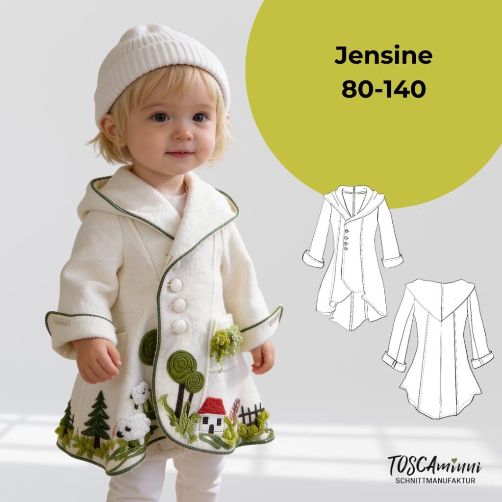 Walkmantel Schnittmuster Kinder – Schnittmuster Jensine minni Größe 80 bis 140 mit Modellfoto