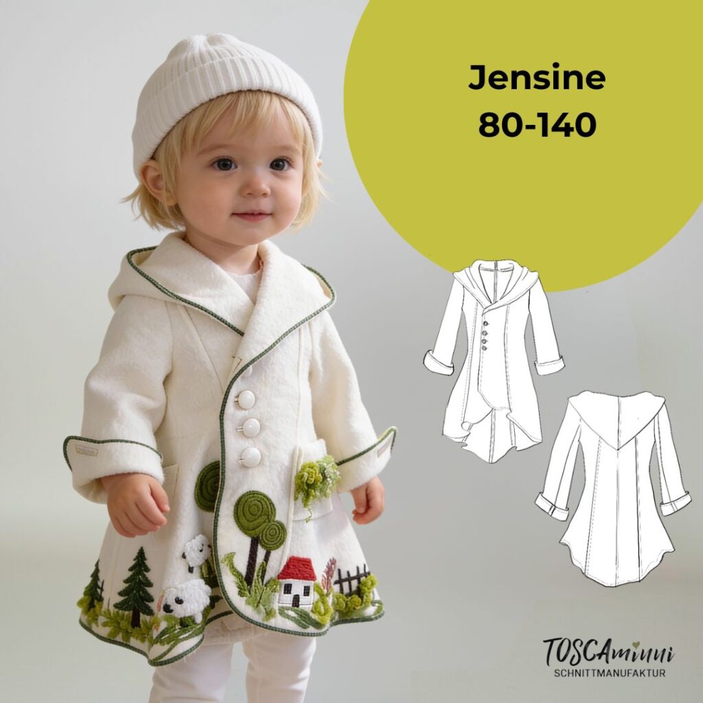 Walkjacke Kinder Schnittmuster Jensine – ungefütterter Walkmantel mit Kapuze und Applikation | TOSCAminni