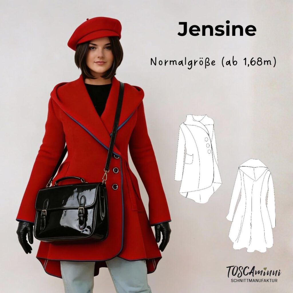 Schnittmuster Walkmantel mit Kapuze Jensine für Damen – roter Walkmantel in A-Linie mit Knöpfe und Kapuze für Frauen ab 1,68m Körpergrösse | TOSCAminni