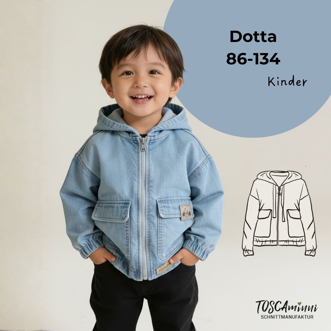 Produktbild mit einem lächelnden Jungen, der die Jacke Dotta präsentiert nach einem Schnittmuster für Kinderjacke Dotta von TOSCAminni-Schnittmanufaktur