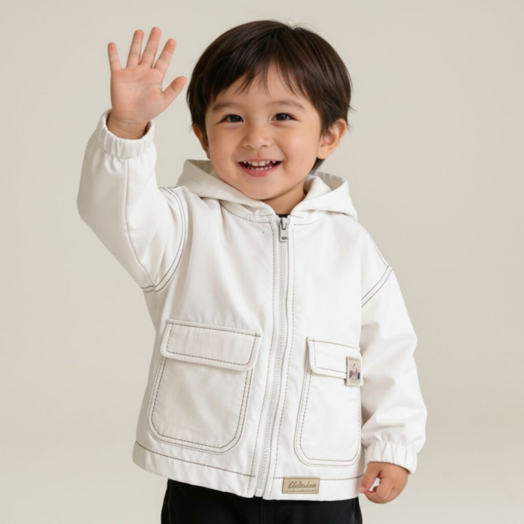 Selbstgenähte Übergangsjacke für Kinder Modell Dotta in Weiß mit Kapuze.