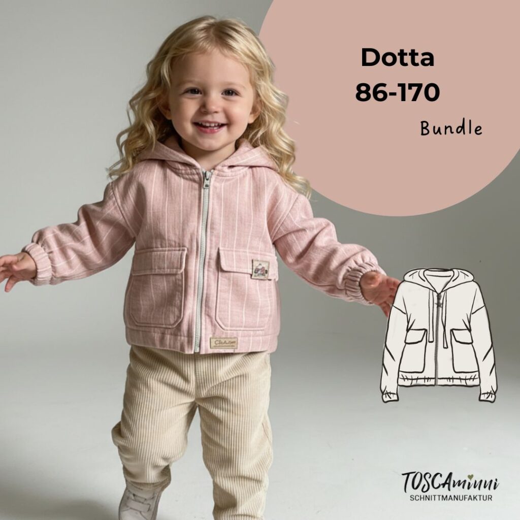Produktbild mit einem blonden Mädchen, das die Jacke Dotta präsentiert nach einem Schnittmuster für Kinderjacke Dotta von TOSCAminni-Schnittmanufaktur