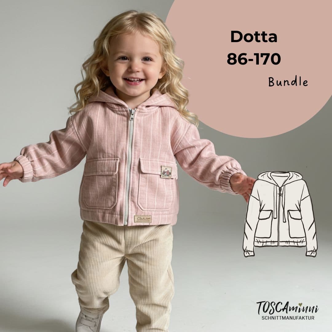 Produktbild mit einem blonden Mädchen, das die Jacke Dotta präsentiert nach einem Schnittmuster für Kinderjacke Dotta von TOSCAminni-Schnittmanufaktur