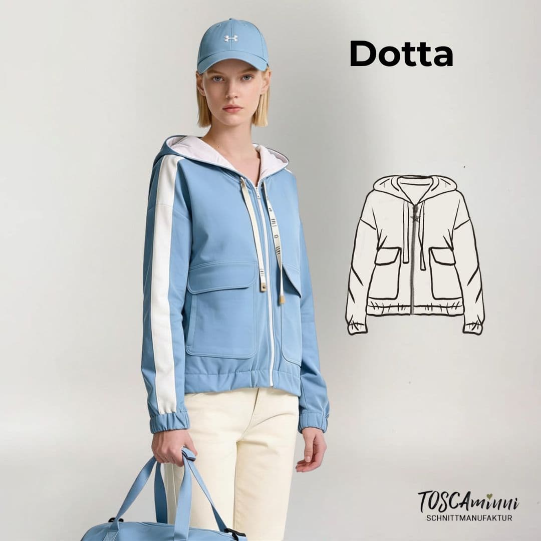 Schnittmuster Jacke Dotta in Blau, Damen-Sweatjacke mit Kapuze, Reißverschluss und Utility-Details.