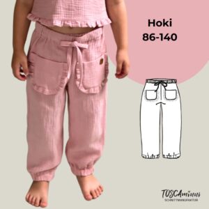 Schnittmuster Kinderhose mit Rüschen „Hoki“ aus rosa Musselin-Stoff von TOSCAminni