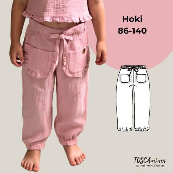 Schnittmuster Kinderhose mit Rüschen „Hoki“ aus rosa Musselin-Stoff von TOSCAminni