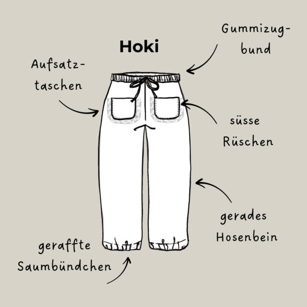 Technische Zeichnung und Details der Hose Hoki wie Gummizugbund und geraffte Saumbündchen.