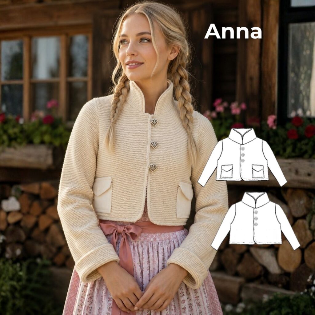 Schnittmuster Damen Janker Anna – kurze Trachtenjacke mit Stehkragen und Taschen in Größe 34–54