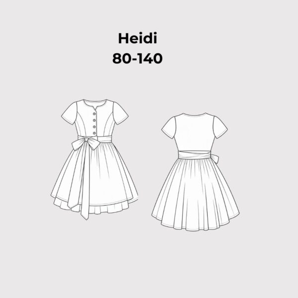 Technische Zeichnung Schnittmuster Kinderdirndl Heidi mit kurzen Ärmeln und Schürze