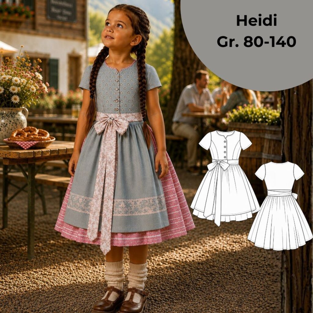Schnittmuster Heidi für Kinderdirndl mit Ärmeln – Vorderansicht Größe 80–140