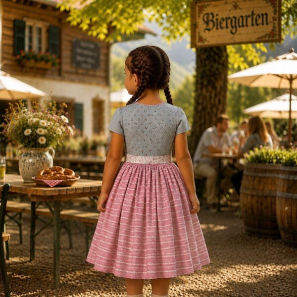 Kinderdirndl Heidi Rückansicht mit kurzen Ärmeln und gekräuseltem Rock