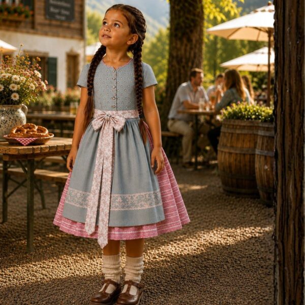 Schnittmuster Kinderdirndl Ärmel – Modell Heidi mit Knopfleiste und rosa Schürze
