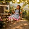Mädchen im selbst genähten Kinderdirndl Heidi mit kurzen Ärmeln und Schürze