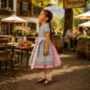 Kinderdirndl Heidi mit kurzen Ärmeln, Knopfleiste und Schürze im Biergarten