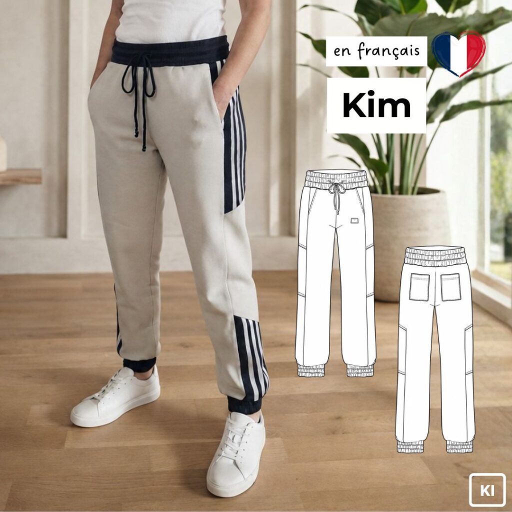 Patron de couture Kim en français : pantalon de jogging femme beige à découpes latérales rayées, avec dessins techniques de face et de dos.