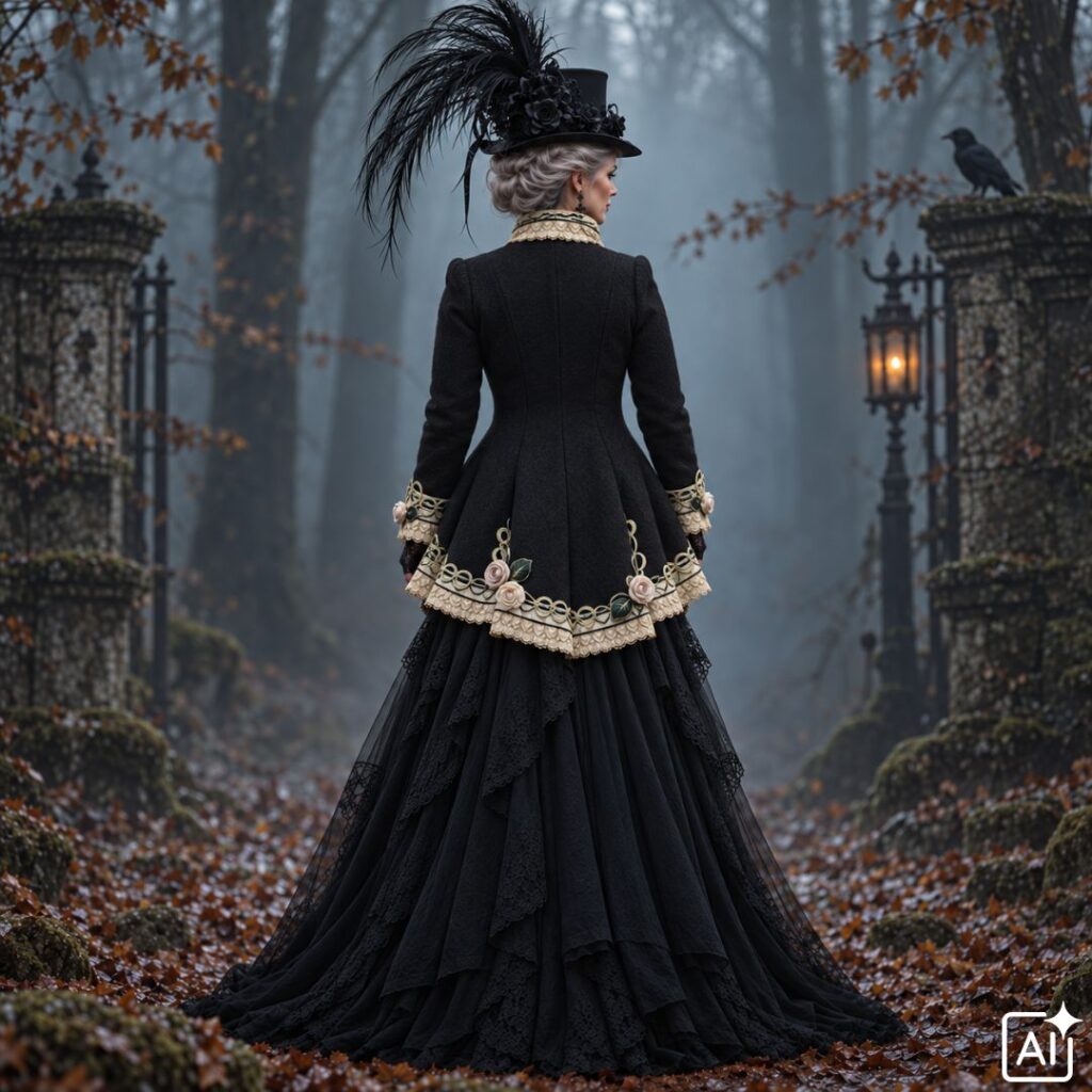 Rückansicht der schwarzen Jacke Cilli über einem Gothic Kleid als elegante Idee zum Halloween-Kostüm selber nähen.